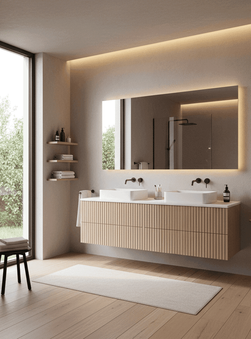 Modernes Badezimmer mit Doppelwaschbecken, Holzunterschrank, großem beleuchtetem Spiegel und bodentiefem Fenster.