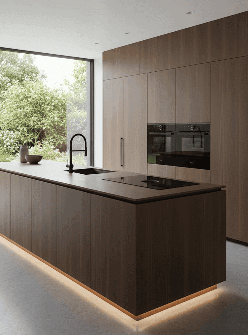 Moderne Küche mit dunkler Holzverkleidung, zentraler Kücheninsel mit Beleuchtung und großem Fenster zum Garten.