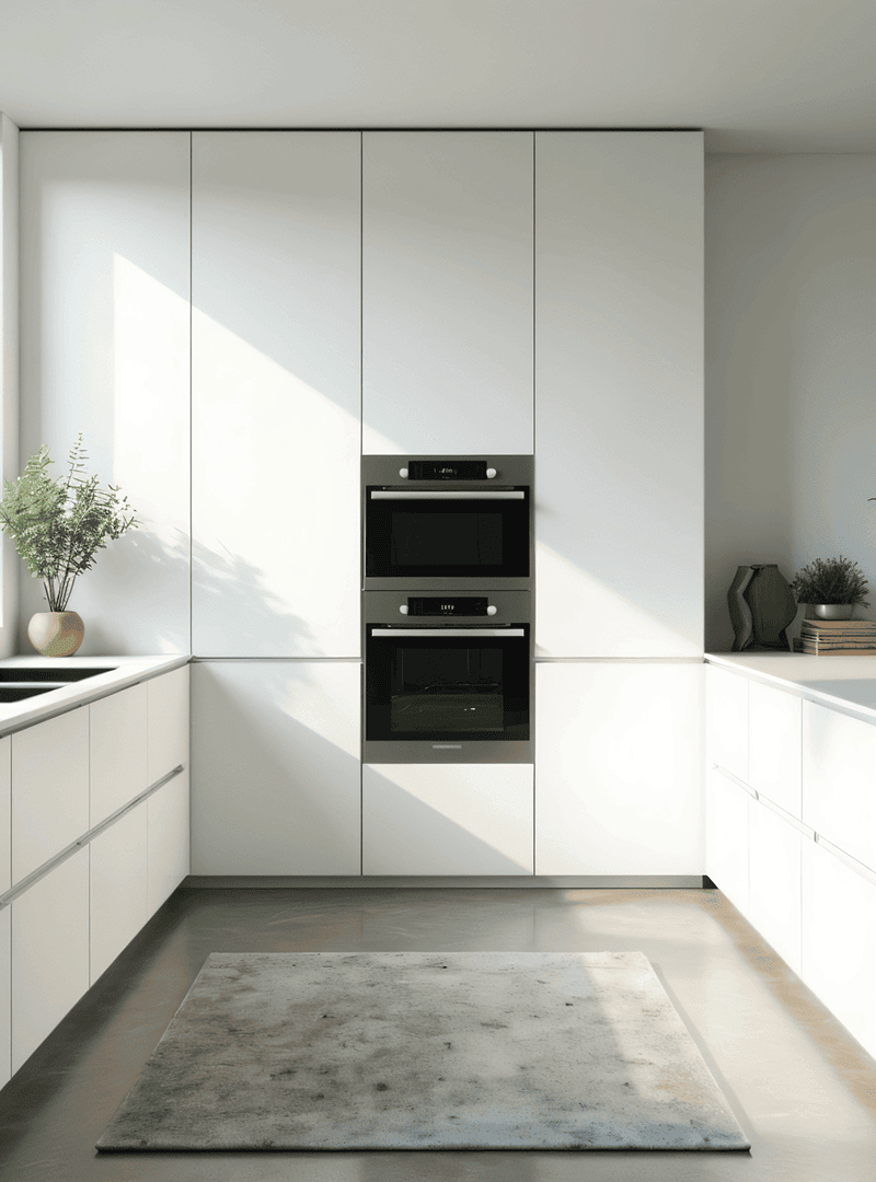 Helle Küche mit weißen Fronten, Einbaugeräten, großem Fenster, grünen Pflanzen und modernem Teppichläufer.