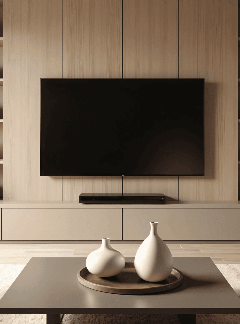 Modernes Wohnzimmer mit Wandverbau aus Holz, großem Flachbildfernseher, Regalflächen und Couchtisch mit Dekovasen.
